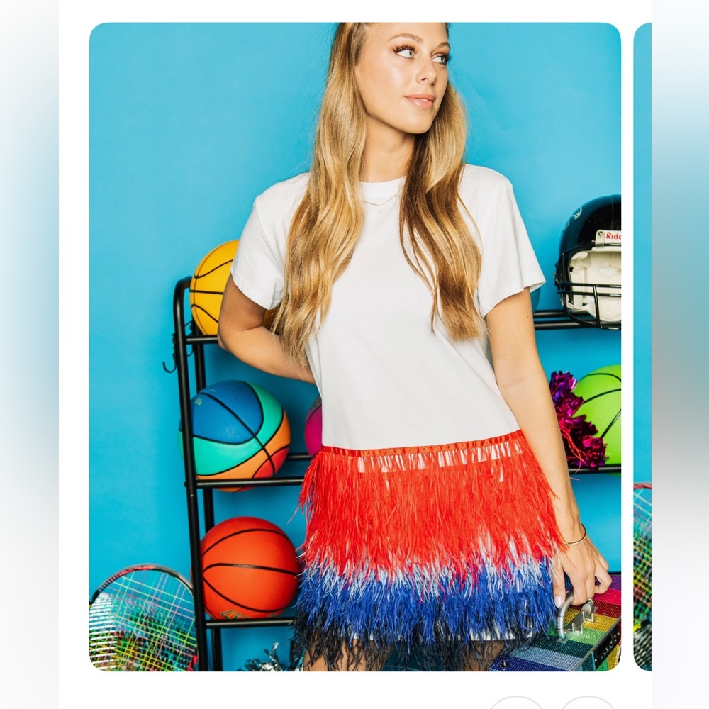 Queen of Sparkles Red Blue Feathered Tee dress NWT Size S